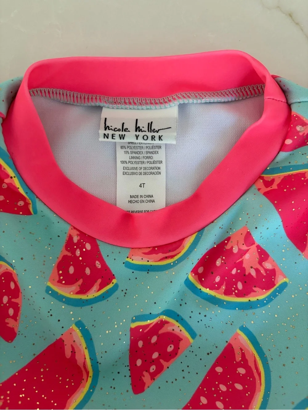 Nicole Miller Girls' Pink & Aqua Watermelon Pom-Pom Rashguard Set